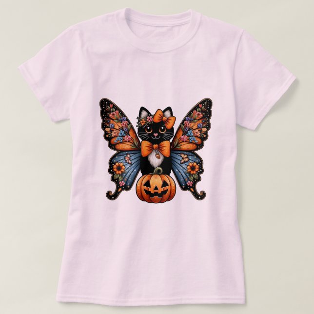 Camiseta Gato Caprichoso Com Asas de Borboleta e Abóbora (Frente do Design)