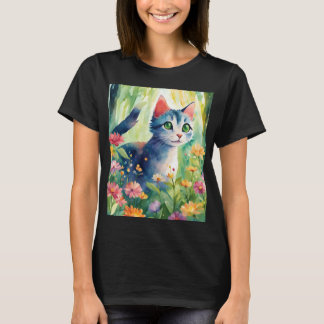 Camiseta Gato Caprichoso em Aquarela no Jardim Floral | Fof