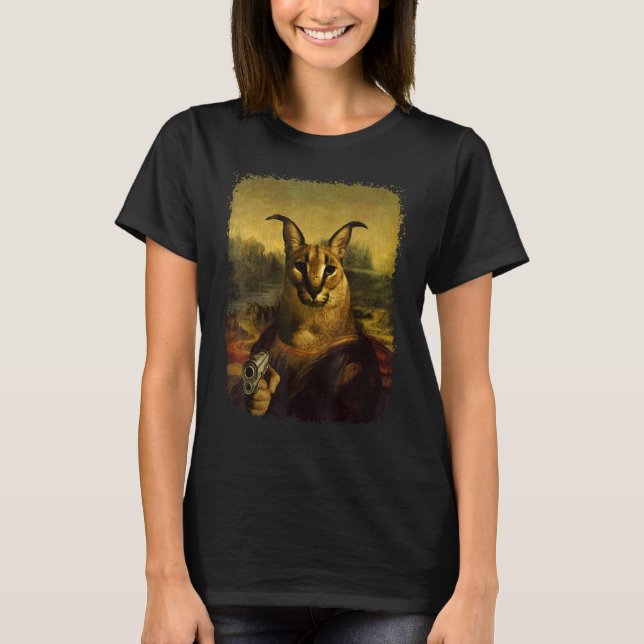 Camiseta Gato Caracal Bonito de Meme Floppa com arma (Frente)