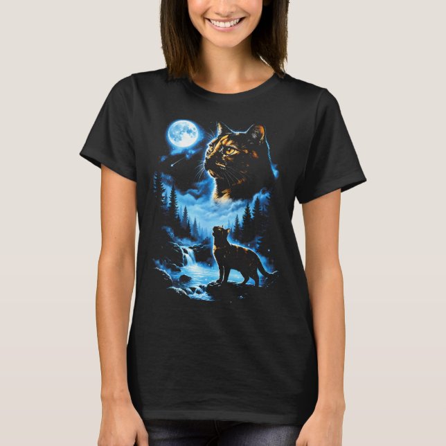 Camiseta Gato casca de tartaruga lua cheia floresta mística (Frente)