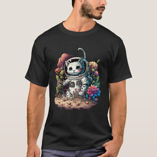 Camiseta Gato Catronauta Astronauta Com Flores Gráfico De G (Frente)