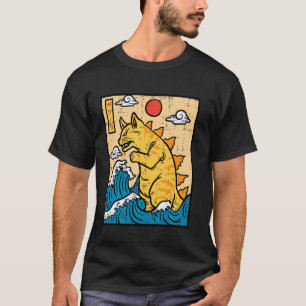 Camiseta Gato Catzilla Arte de Onda Japonesa Divertida Home