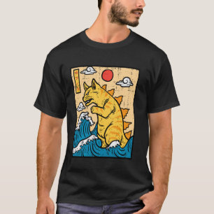Camiseta Gato Catzilla Engraçado Arte de Onda Japonesa Home