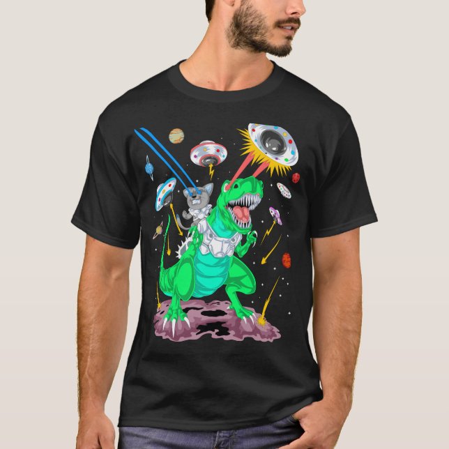 Camiseta gato cavalgando dinossauro (Frente)