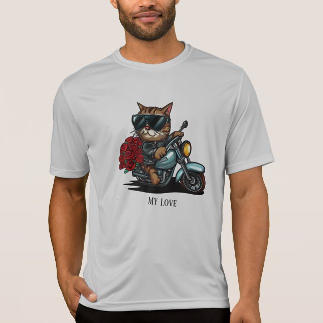 Camiseta Gato cavalgando rosas vermelhas de motocicletas fl (Frente)