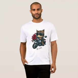 Camiseta Gato cavalgando rosas vermelhas de motocicletas fl