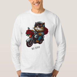 Camiseta Gato cavalgando rosas vermelhas de motocicletas fl