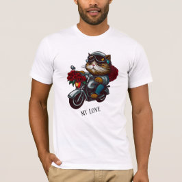 Camiseta Gato cavalgando rosas vermelhas de motocicletas fl