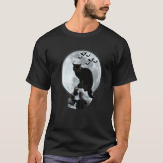 Camiseta Gato & Caveira Lua Gótico Gráfico Halloween Assust