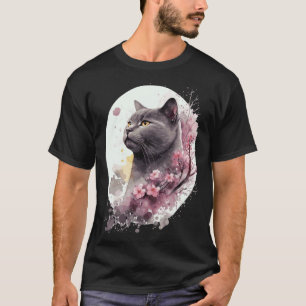 Camiseta Gato Chartreux Flor de Cerejeira Japonesa Sakura G
