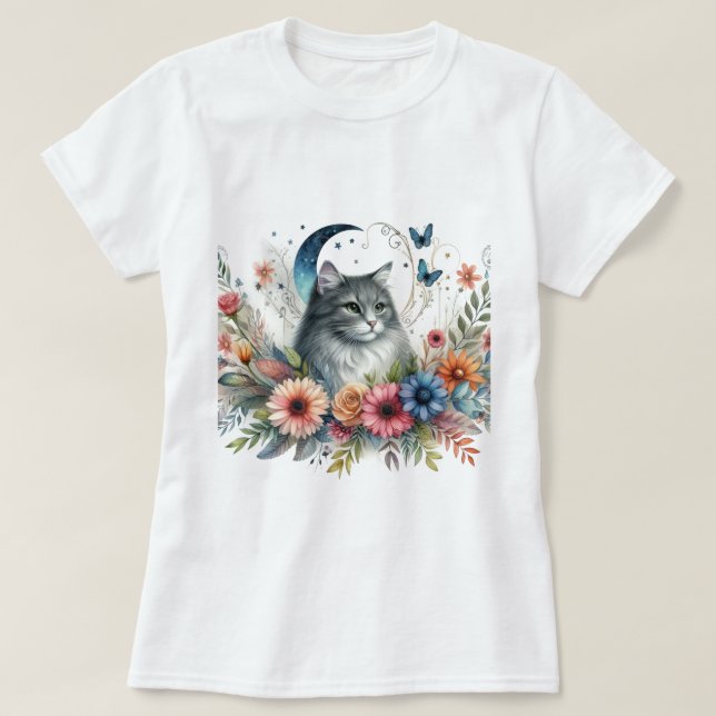 Camiseta Gato Cinza Borboleta Azul Floral  (Frente do Design)