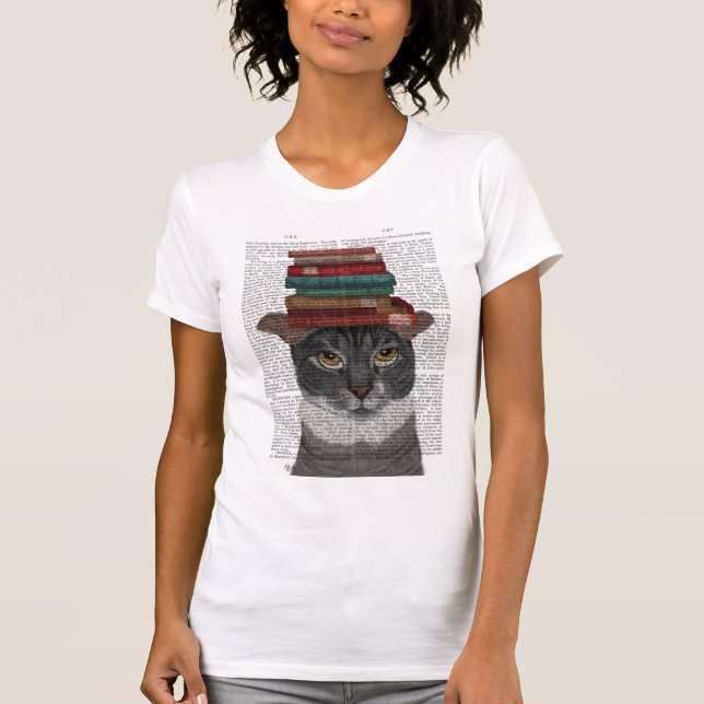 Camiseta Gato cinza com Livros na Cabeça (Frente)