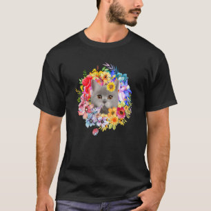 Camiseta Gato Cinza Floral e Gato da Fazenda de Flores da P