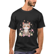 Gato Cinza Fofo no Jardim de Flores Borboletas Art