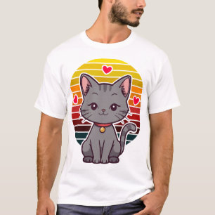 Camiseta Gato Cinza Kawaii Arte de Anime Pôr do Sol Retro