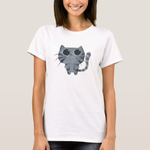 Camiseta Gato cinzento bonito com olhos roxos grandes
