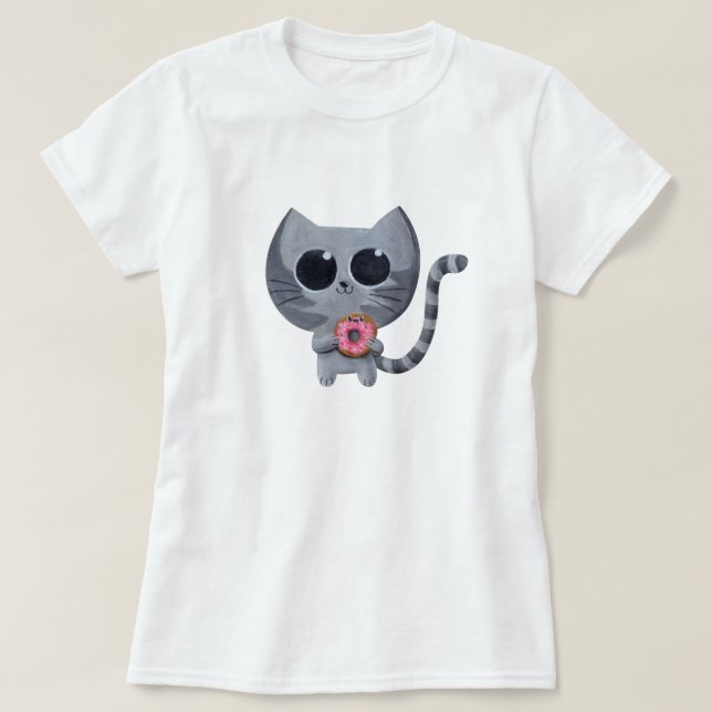 Camiseta Gato cinzento bonito e rosquinha (Frente do Design)