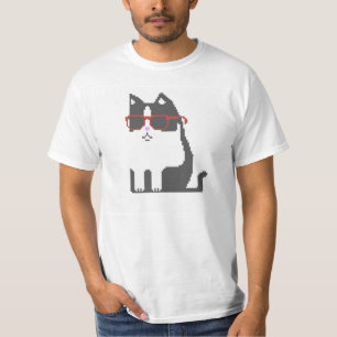 Camiseta Gato cinzento no t-shirt vermelho da arte do pixel