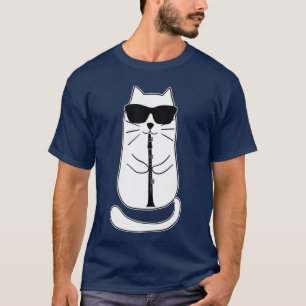 Camiseta Gato Clarinete Engraçado Com Óculos de Sol Músico