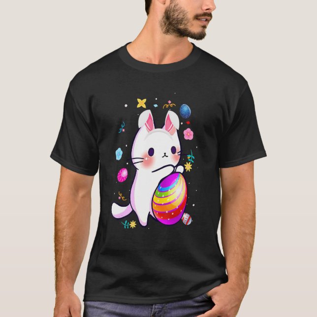 Camiseta Gato Coelho Coelho Coelho Páscoa Cesto de Ovos Caç (Frente)