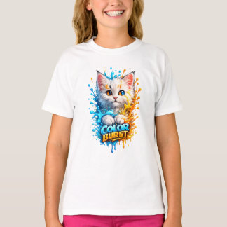 Camiseta Gato Color Burst – Crianças com Salpicos de Tinta
