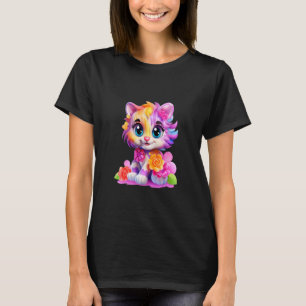 Camiseta Gato Colorido Adorável com Flores Olhos Grandes Ka