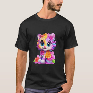 Camiseta Gato Colorido Adorável com Flores Olhos Grandes Ka