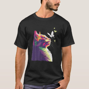 Camiseta Gato Colorido Bonito Com Borboletas Roxo