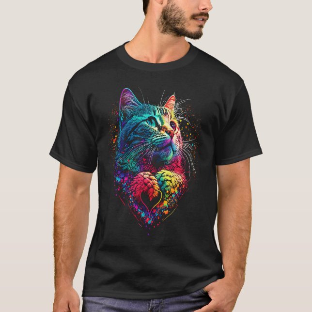 Camiseta Gato Colorido Bonito para Meninas Masculinas Menin (Frente)