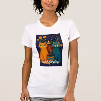 Camiseta Gato Colorido com Design de Bom Dia, Gato Gato Gat