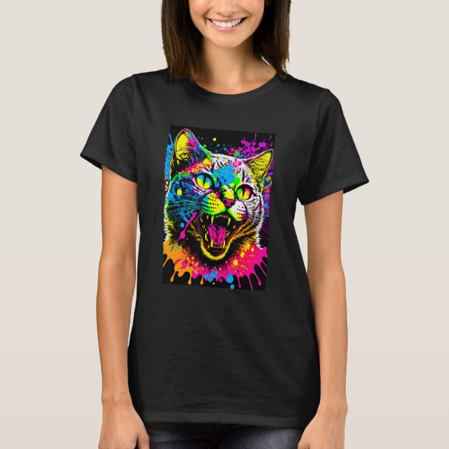 Camiseta Gato Colorido com Tinta Salpicada Estilo Anos 80 (Frente)