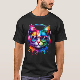 Camiseta Gato Colorido, Gatinho Arco-Íris, Fones de Ouvido,