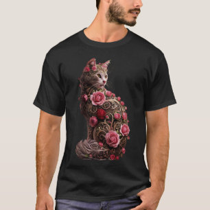 Camiseta Gato Colorido Padrões Florais Rosa Flores Gatinho