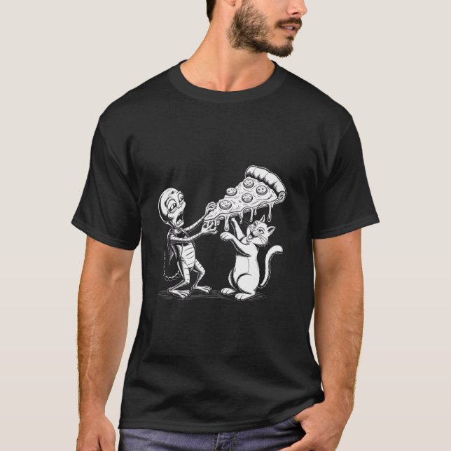 Camiseta Gato Com Alien Comendo Pizza Divertido Espaço Mulh (Frente)