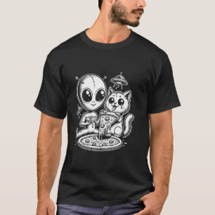 Camiseta Gato Com Alienígena Comendo Pizza Engraçado Homens