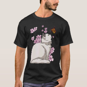 Camiseta Gato Com Borboleta Flor De Cerejeira Sakura Japone