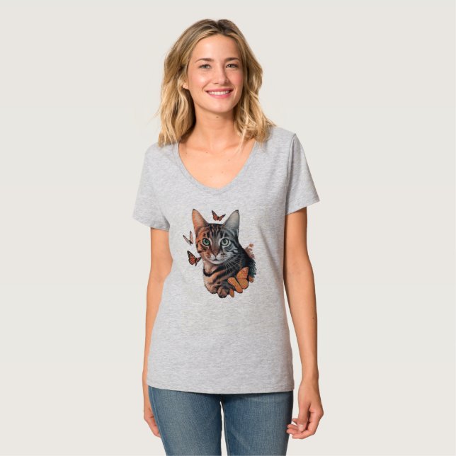Camiseta Gato com Borboletas Monarcas (Frente Completa)