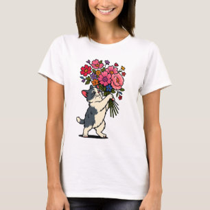 Camiseta Gato com Buquê de Flores Brilhantes