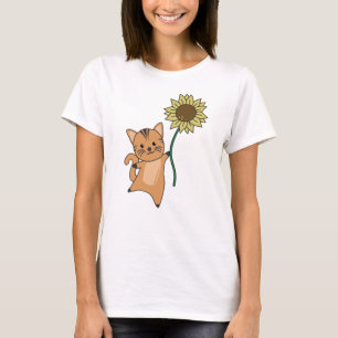 Camiseta Gato Com Cachorros De Girassol Para Crianças