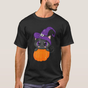 Camiseta Gato Com Chapéu de Bruxa e Abóbora