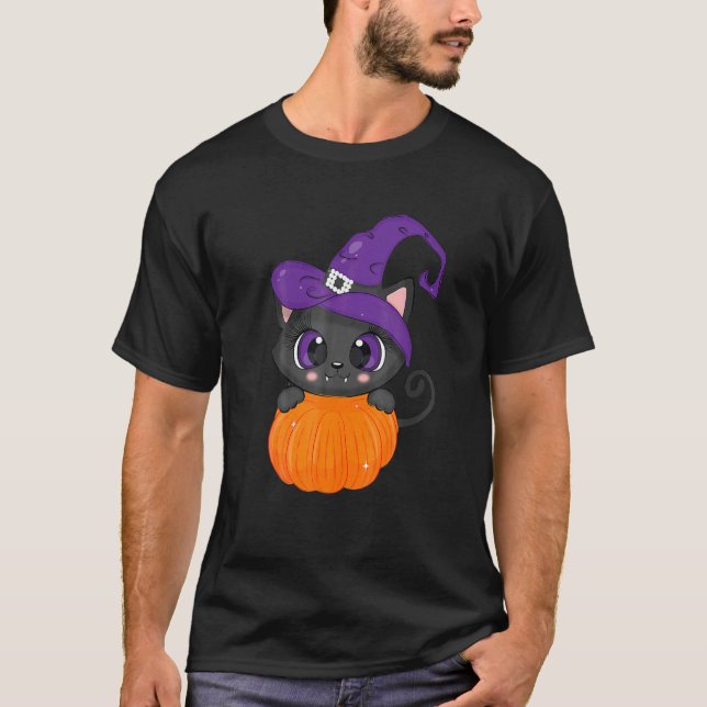 Camiseta Gato Com Chapéu de Bruxa e Abóbora (Frente)