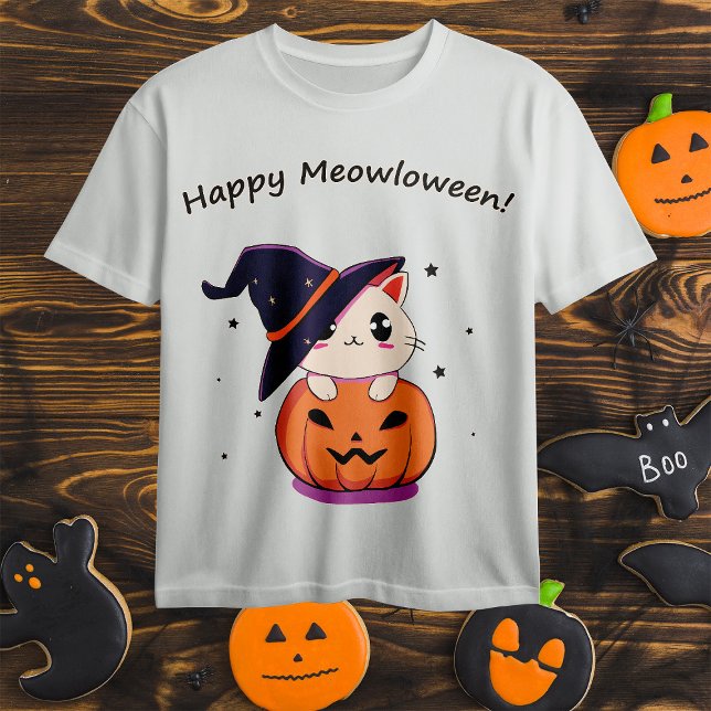 Camiseta Gato com chapéu de bruxa no Halloween Jack-O-Lante (Criador carregado)