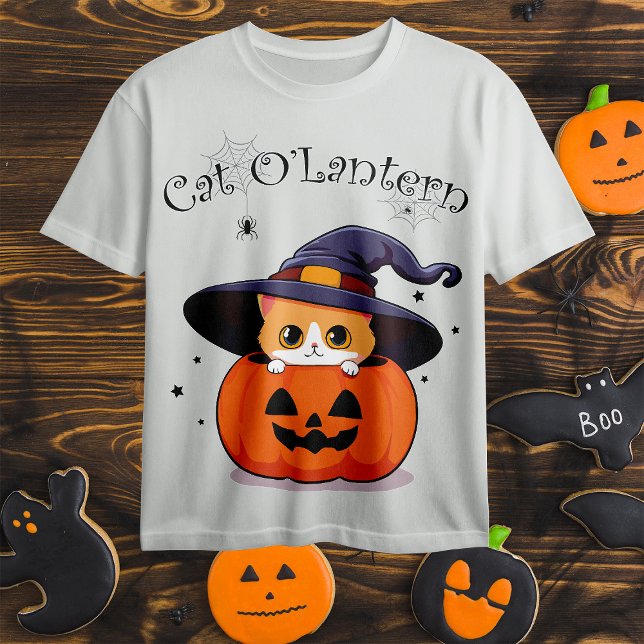 Camiseta Gato com chapéu de bruxa no Halloween Jack-O-Lante (Criador carregado)