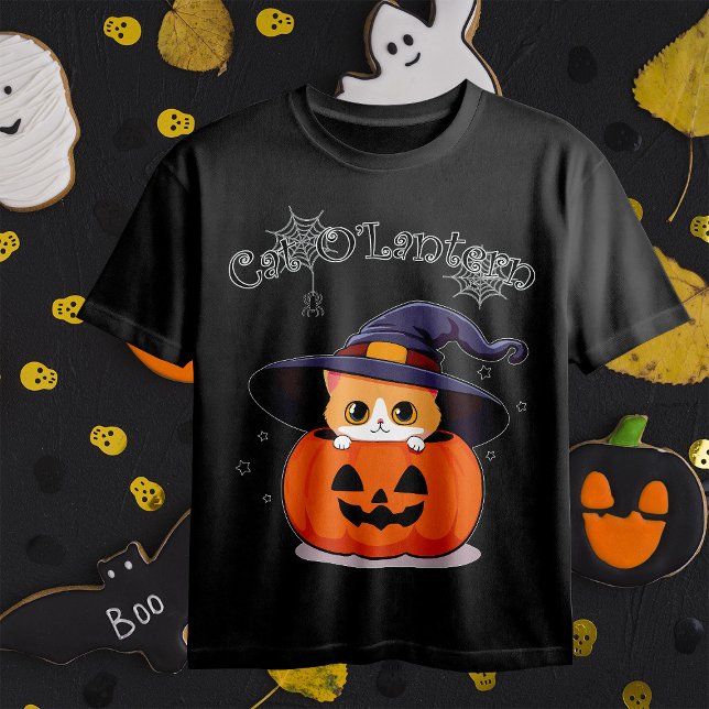 Camiseta Gato com chapéu de bruxa no Halloween Jack-O-Lante (Criador carregado)