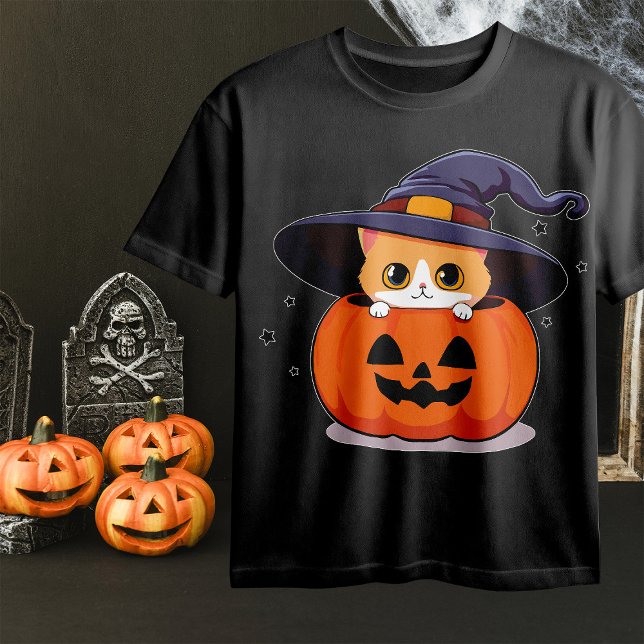 Camiseta Gato com chapéu de bruxa no Halloween Jack-O-Lante (Criador carregado)