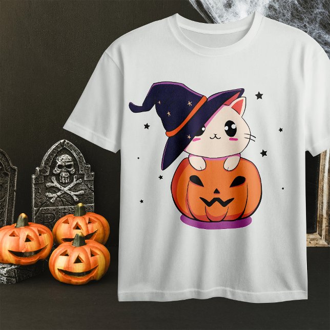 Camiseta Gato com chapéu de bruxa no Halloween Jack-O-Lante (Criador carregado)