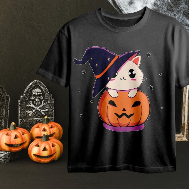 Camiseta Gato com chapéu de bruxa no Halloween Jack-O-Lante (Criador carregado)