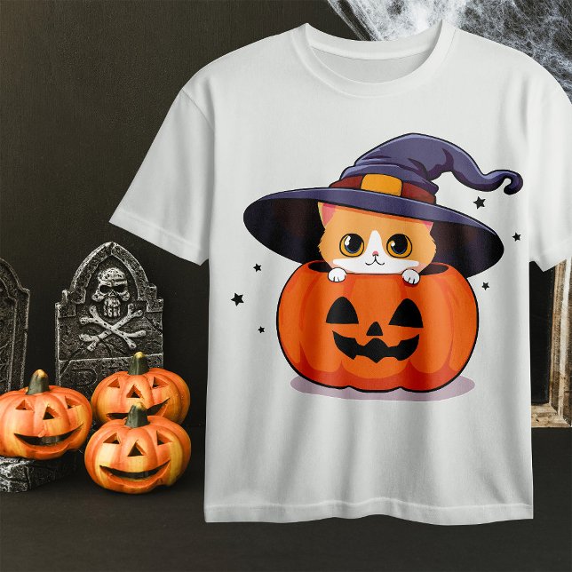 Camiseta Gato com chapéu de bruxa no Halloween Jack-O-Lante (Criador carregado)