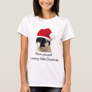 Camiseta Gato com chapéu do papai noel