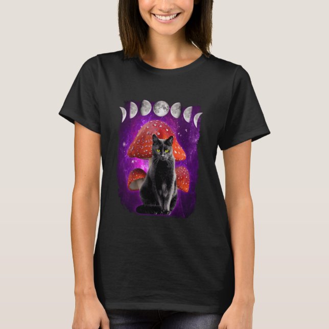 Camiseta Gato com Fases da Lua Cogumelo no Espaço Engraçado (Frente)